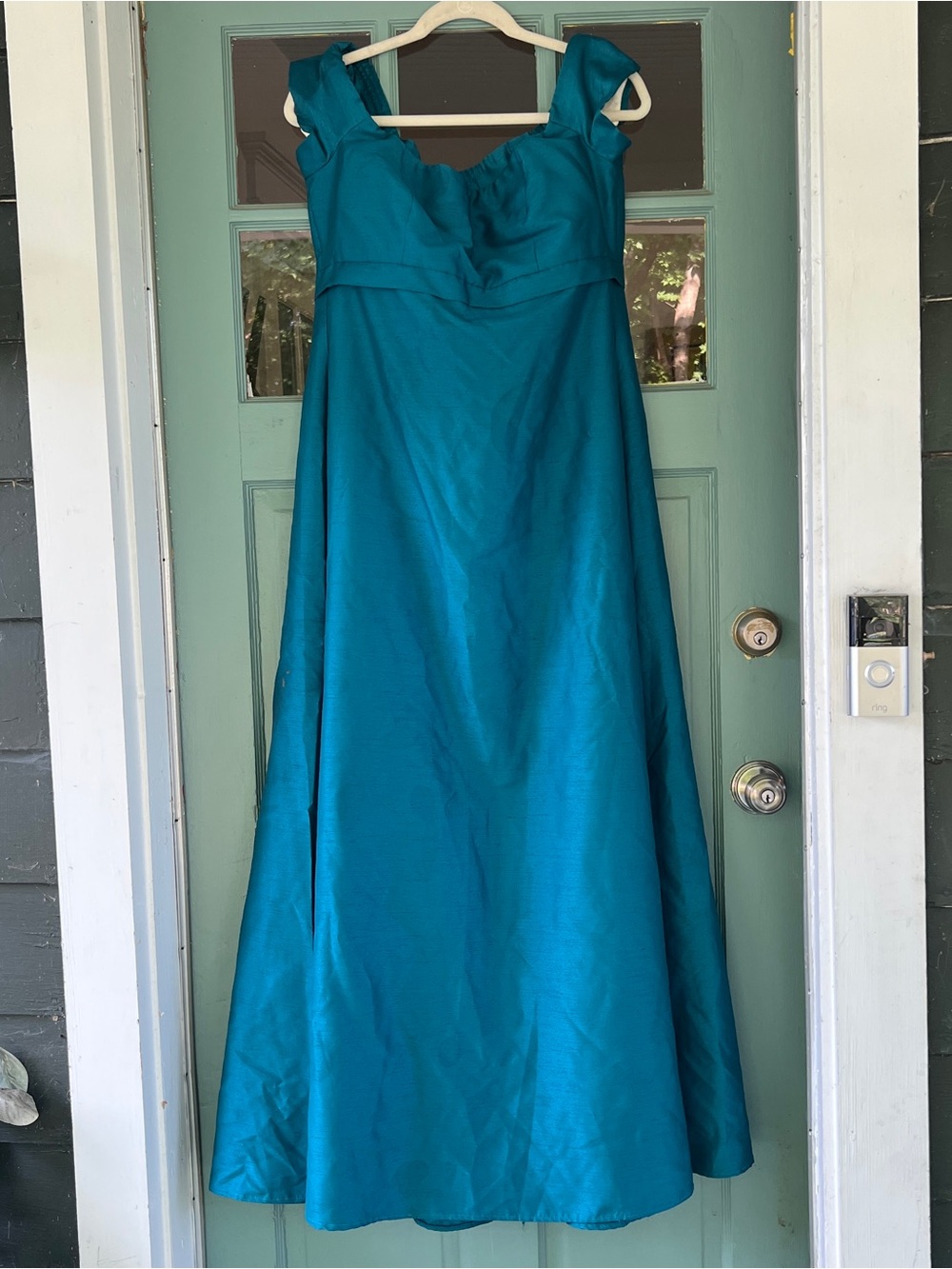 Vintage teal blue off the shoulder rosette taffeta A line formal dress AS IS